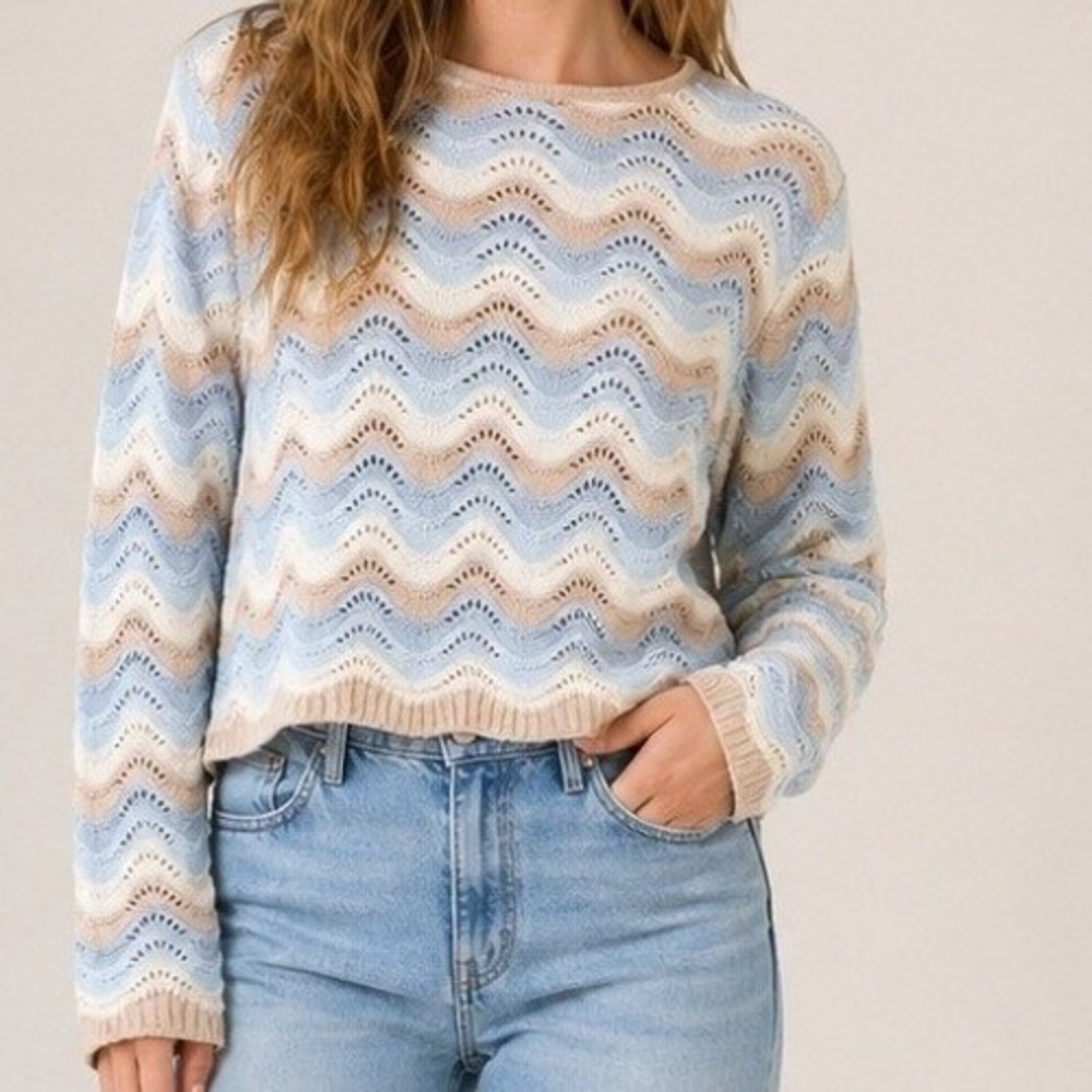 Ultra Flirt Chevron Crochet Knit Sweater Blue Beige Size S Boho Y2K